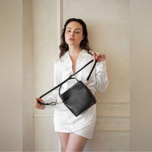 Revolve AOTA Elena Crossbody Bucket Bag in Black Croc Vegan Leather